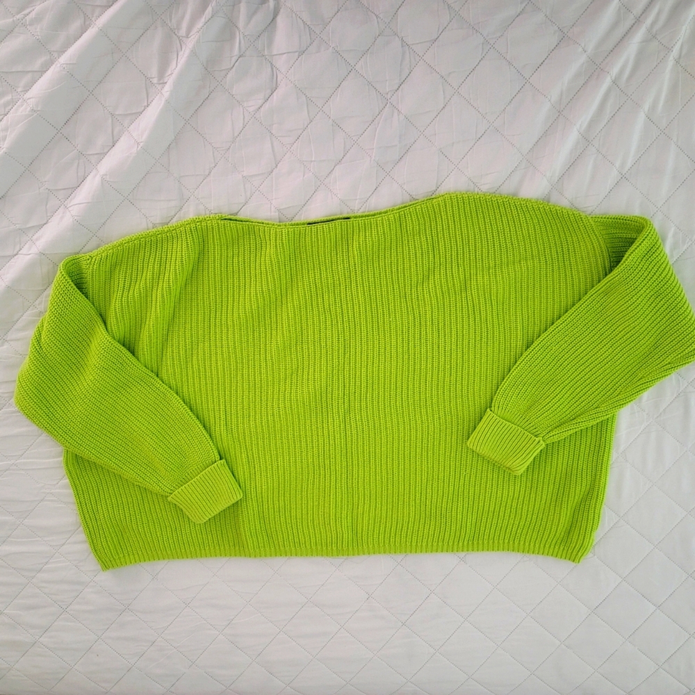 French Connection Millie Mozart Boat Neck Cotton Sweater XS (Neon Green)